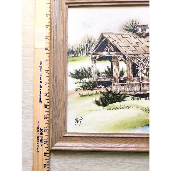 PICTURE ART-Black Ink and Oil [rouging]-Handmade-Covered Bridge-14"x16" Framed - Picture 9 of 9